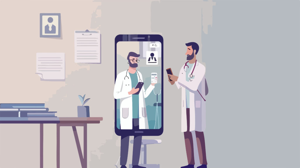 Animated doctor with mobile looking at himself in a big mobile like screen