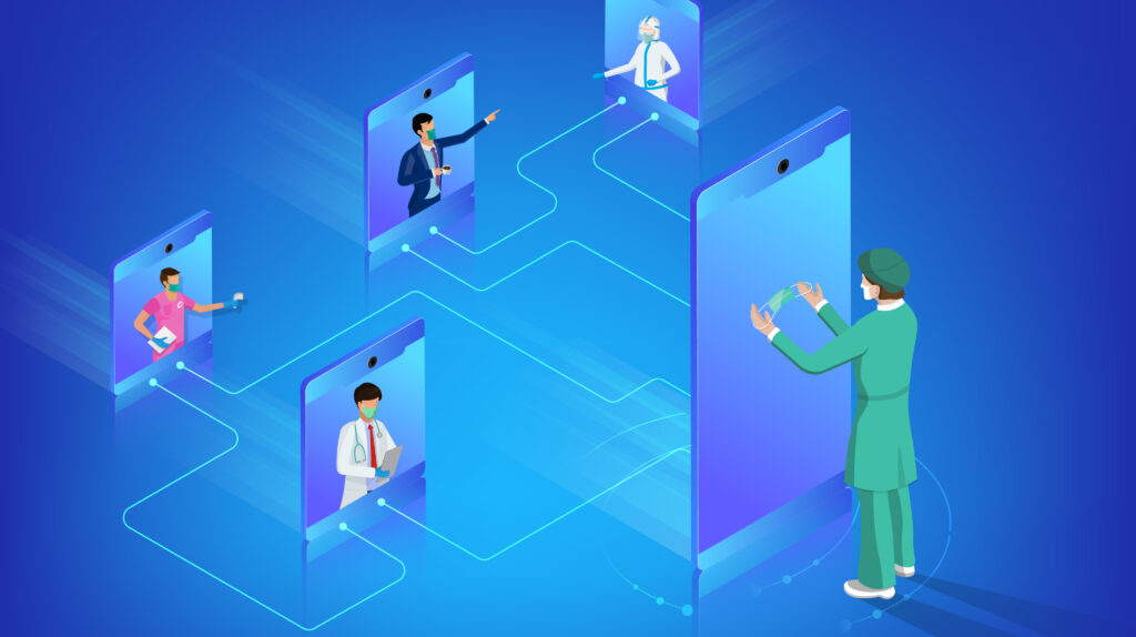 Animation showing multiple doctors connected via different devices using technology